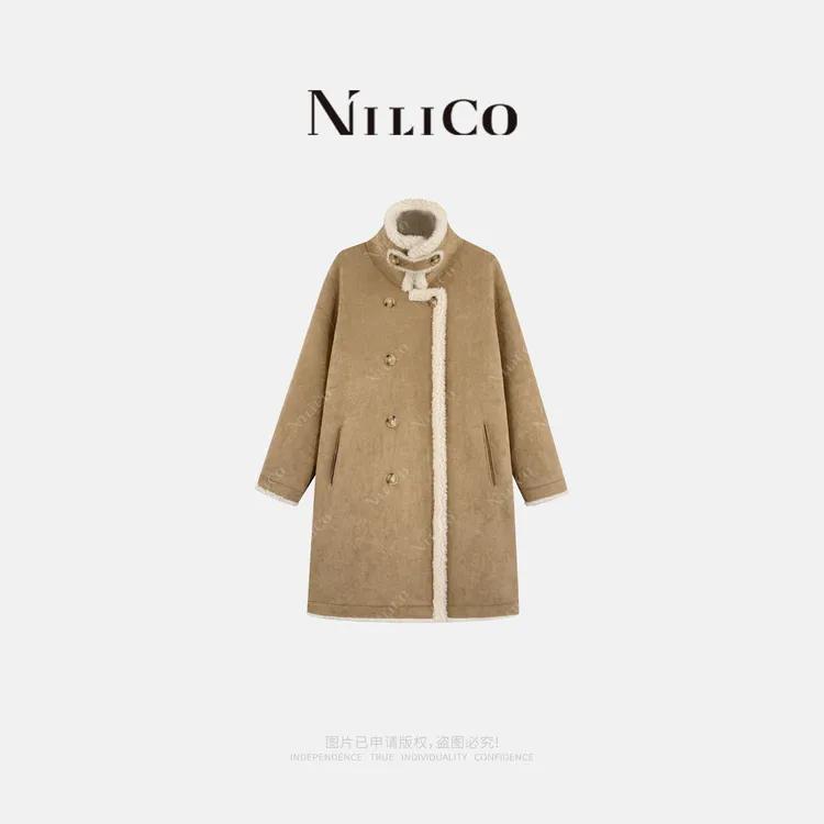 NILICO【双生暖绒】极简复古羊毛双面穿反绒立领双排扣皮毛一体外套