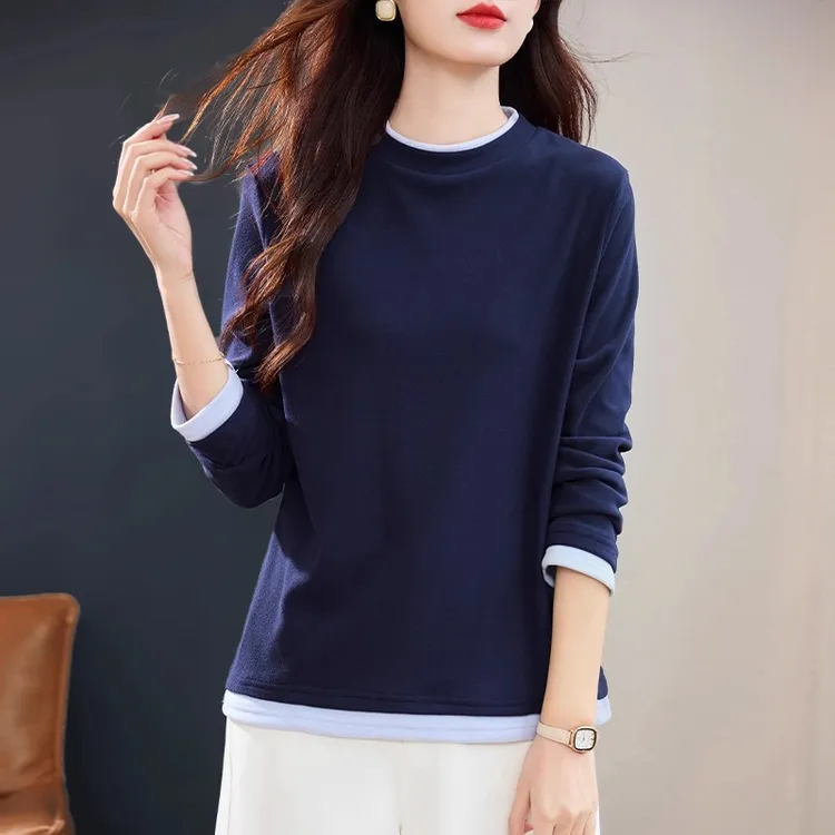 半高领宽松长袖t恤女打底衫新款时尚洋气百搭女装假两件加厚上衣