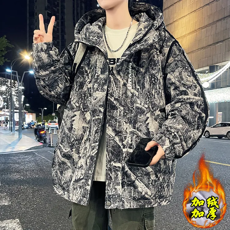 青少年男生加绒加厚外套秋冬季新款潮流帅气宽松夹克休闲保暖上衣