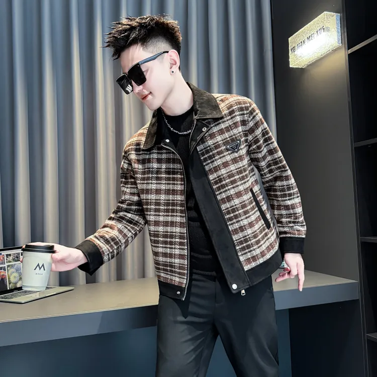 秋冬季加厚短款呢子外套男款潮牌痞帅格子撞色翻领褂子男装上衣服