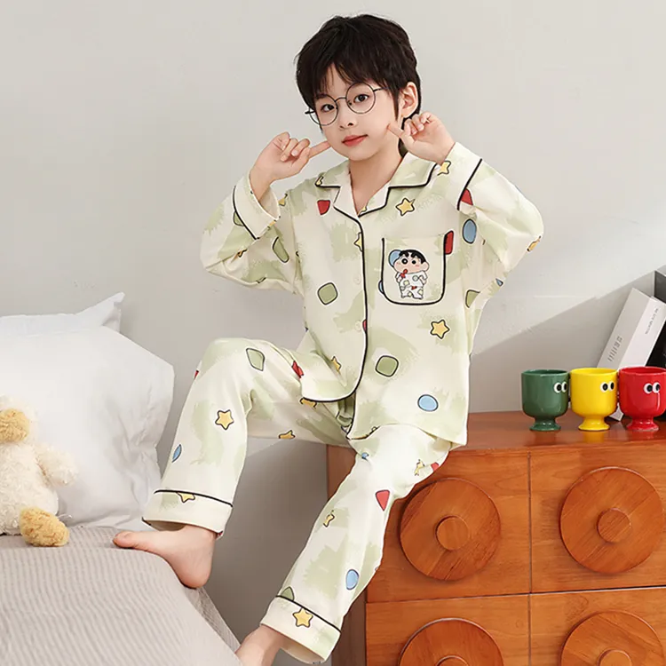 新款男童睡衣儿童春秋季棉涤薄款长袖套装中大童小男孩卡通家居服