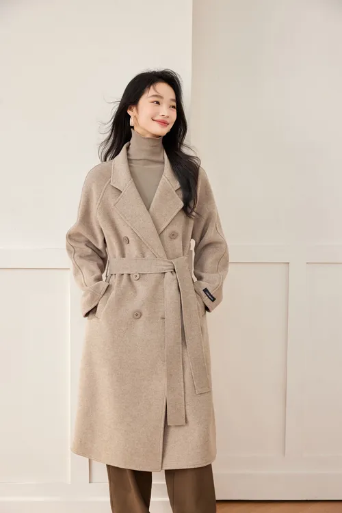 LOERVEERA洛薇拉经典六粒扣双面呢长款女士大衣压边时尚外套24001