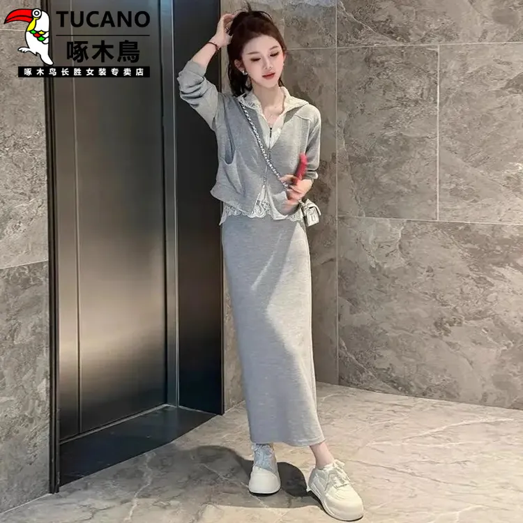 啄木鸟2025春季新款时尚洋气蕾丝拼接假两件连帽外套高腰半身裙两