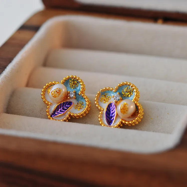 铜合金珐琅耳饰 中式国风油画系列珐琅滴釉耳环四叶草耳环耳钉女