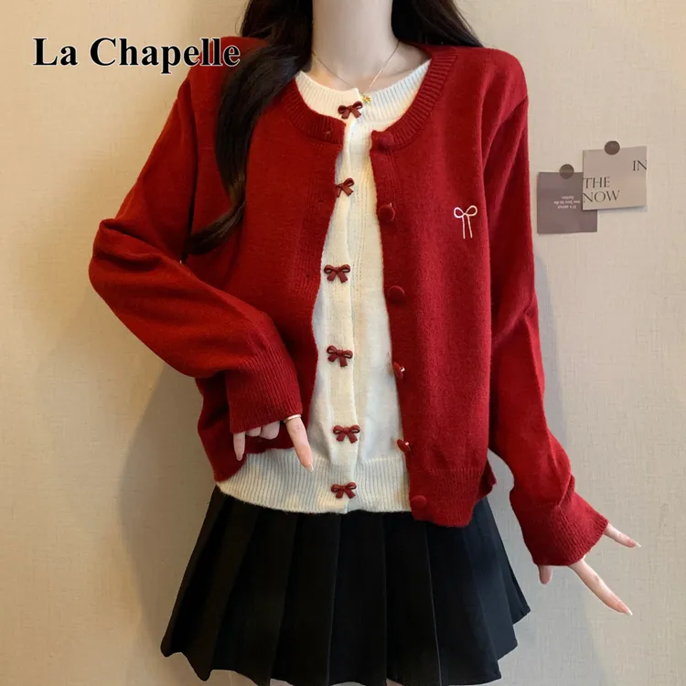 拉夏贝尔女装2025秋季新款蝴蝶结刺绣假两件针织开衫显瘦红色毛衣
