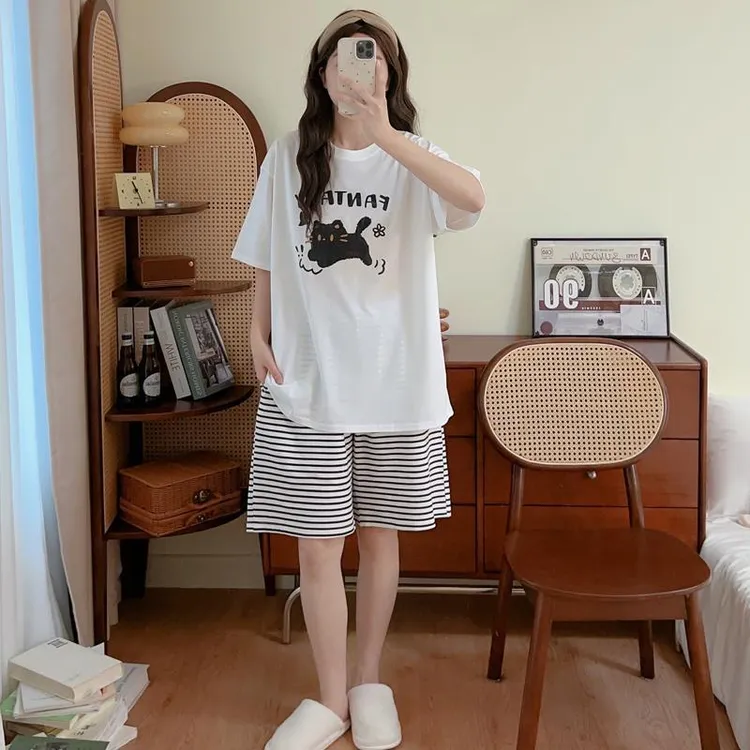 纯棉睡衣女款夏季短袖五分裤条纹加大码加肥宽松家居服字母猫套装