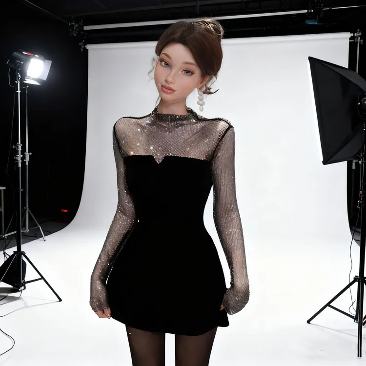 秋冬时尚气质耀眼满钻女装闪闪连衣裙黑色性感显瘦丝绒打底短裙女
