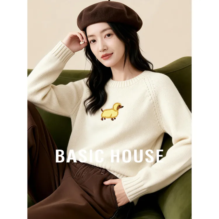Basic House/百家好百搭老钱风刺绣时尚百搭宽松毛衣-B0625B5OYL2