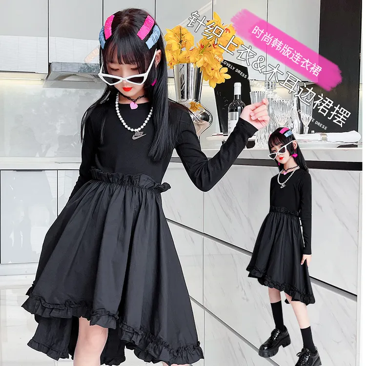 女童黑色连衣裙秋季2025新款大童洋气木耳边拼接针织裙子时髦秋装