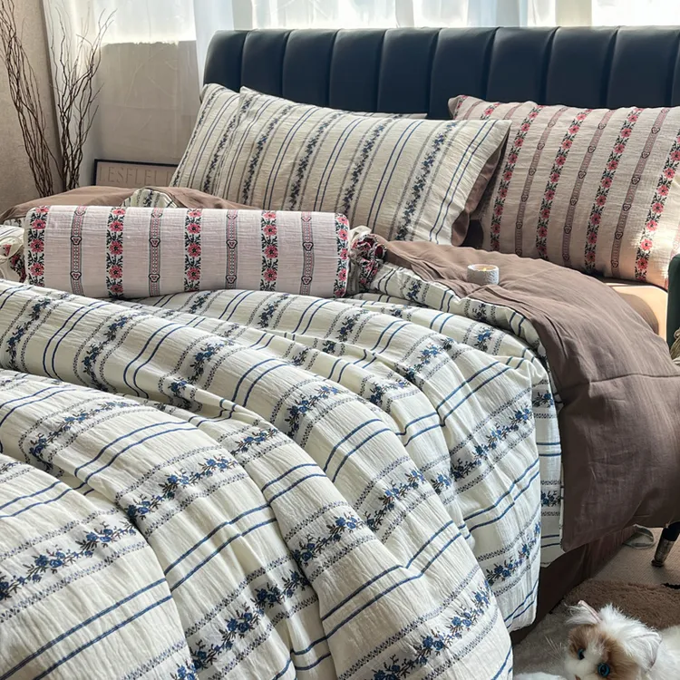 洛洛山河简约复古~A类亲肤不刺激双层纱提花四件套纯棉床单被套