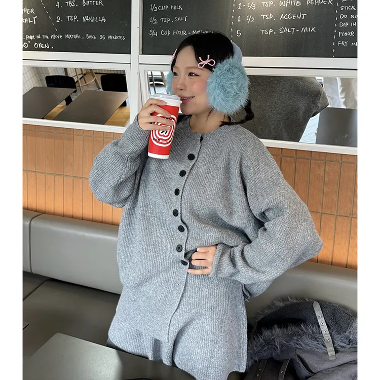 宽松圆领开衫毛衣秋冬季慵懒风韩版松紧腰针织半身裙时尚两件套