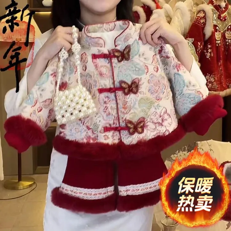 女童加绒冬季汉服套装拜年服女宝宝加厚唐装新年装中式保暖国风潮