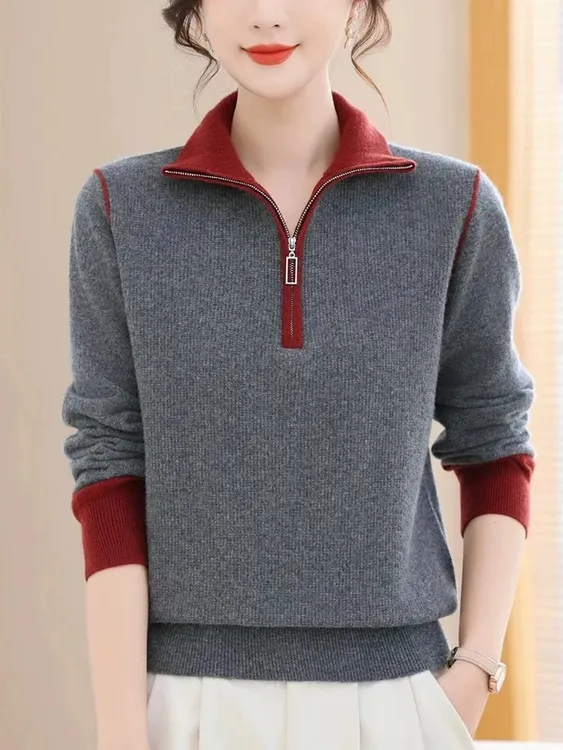 加绒加厚一体绒洋气针织毛衣女秋冬新款保暖内搭长拉链拼色打底衫