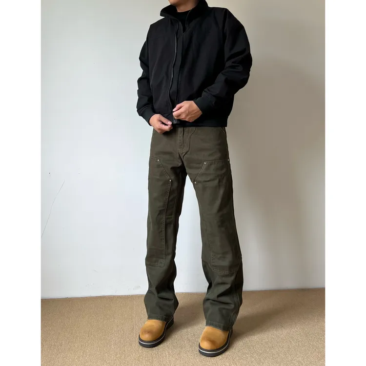 黑熊美式“苔藓绿”伐木裤复古男高街vibe工装裤直筒修身牛仔裤0055