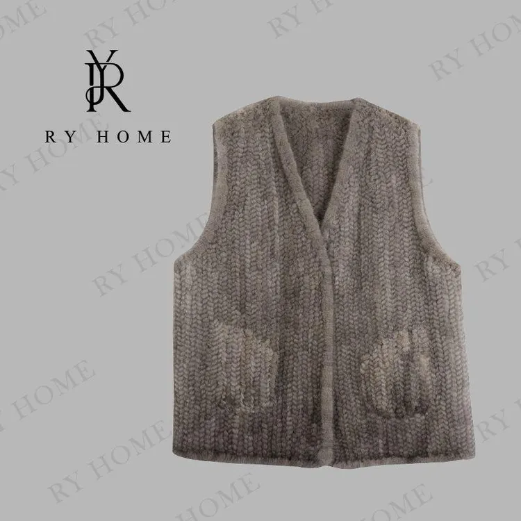 【容雨RYHOME】进口丹麦水貂帕斯条手工编织马甲253MJ1607