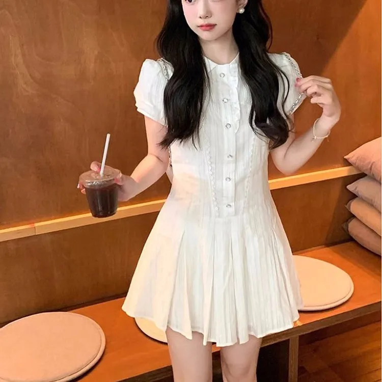 白色甜美显瘦短裙夏季新款学院风清新小个子连衣裙两件套纯欲慵懒