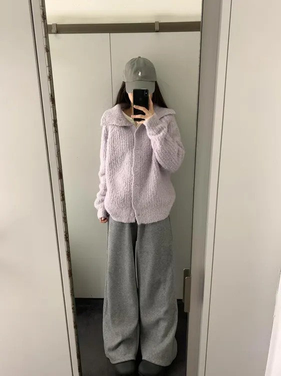 高领韩系纽扣毛衣外套女秋冬小个子设计感针织开衫百搭休闲裤套装