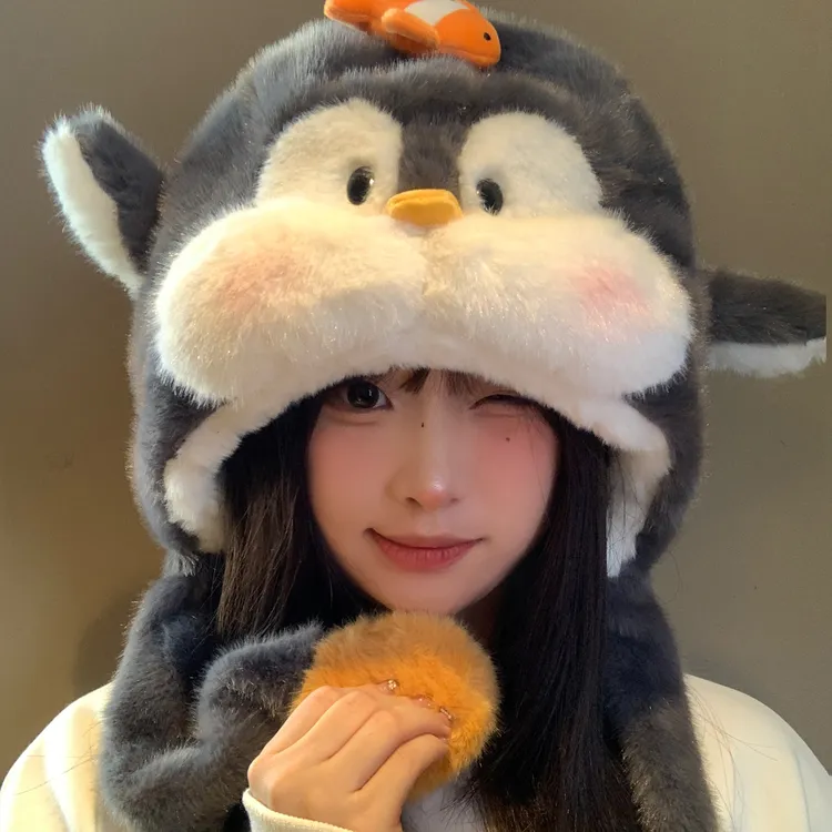 可爱企鹅毛绒帽子女冬季加绒加厚保暖显脸小大头围护耳防寒雷锋帽