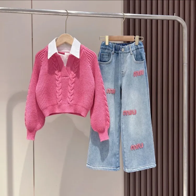 女童套装2025春秋新款中大童3-12岁15岁针织毛衣牛仔阔腿裤两件套
