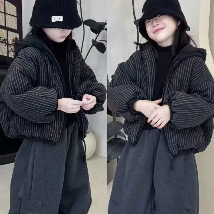韩系儿童冬季新款棉衣男女宝连帽条纹面包服中小童夹棉棉服保暖潮