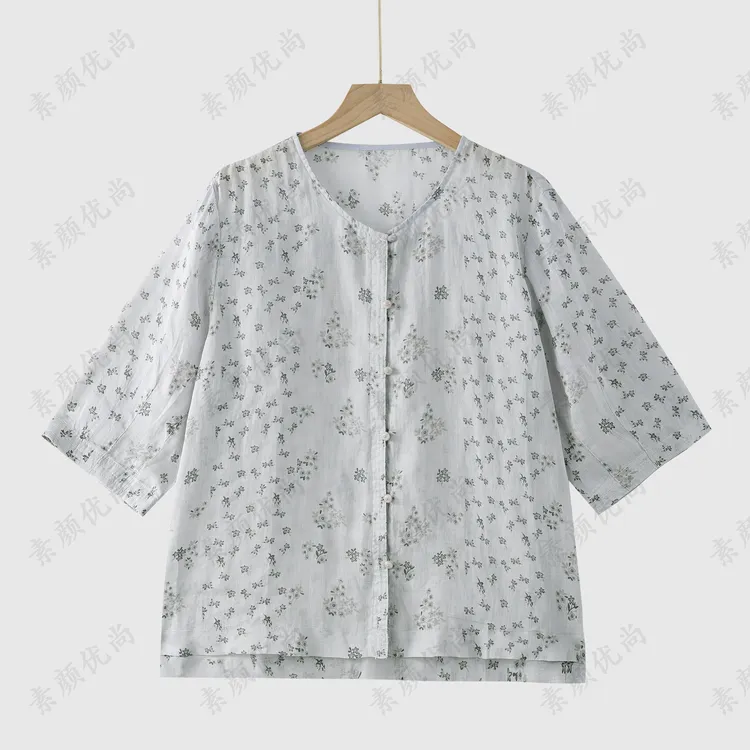 【素颜】2025夏季新款小碎花色织麻轻薄短袖上衣