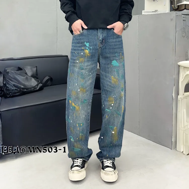 巴黎风脏染做旧手绘泼墨牛仔裤男款高品质美式潮牌高街宽松直筒裤