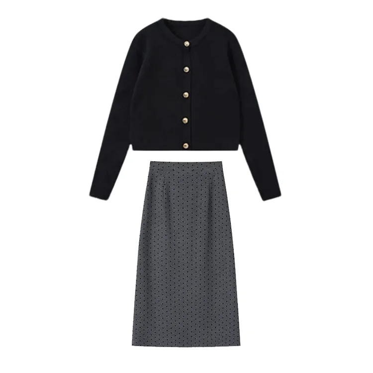 黑色针织开衫上衣+灰色波点半身裙女2025秋冬新款小香风两件套装