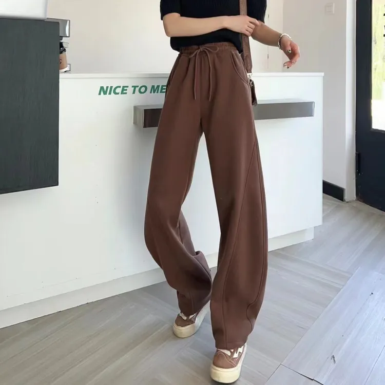 2025春季新款美拉德咖啡色系女生香蕉裤高腰抽绳阔腿裤显瘦堆堆裤