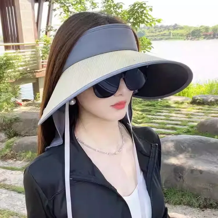 披肩可折叠骑车空顶草编黑胶帽大檐防晒帽防紫外线太阳帽遮阳帽子