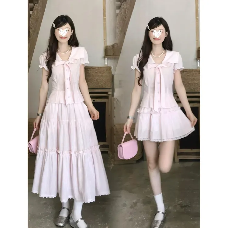 甜美纯欲风少女感蝴蝶结翻领上衣2025夏季新款女装蕾丝边短裙套装