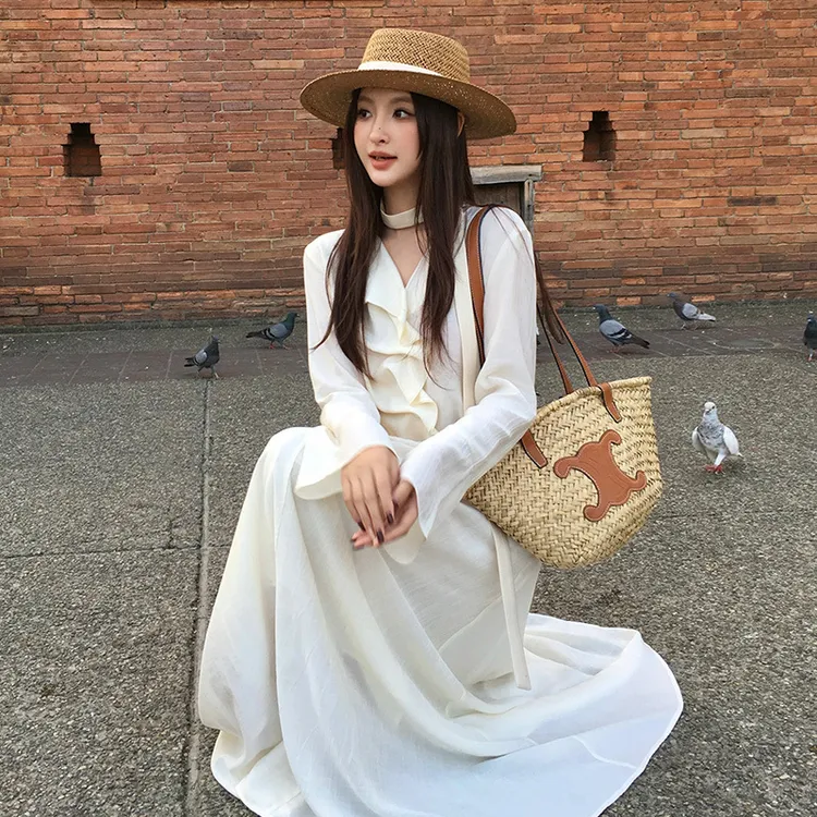 秀熙熙2025春新款气质雪纺小衫+高腰A字半身长裙两件套装女89248