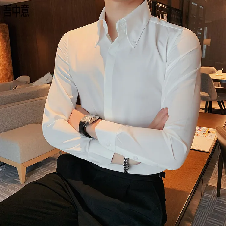 大尖领衬衫男长袖韩版修身春秋商务正装时尚百搭高级感暗扣衬衣男