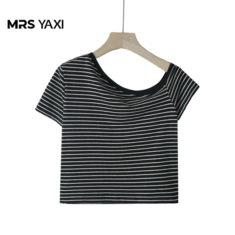Mrsyaxi简约百搭斜肩T恤条纹露肩上衣YX5070904