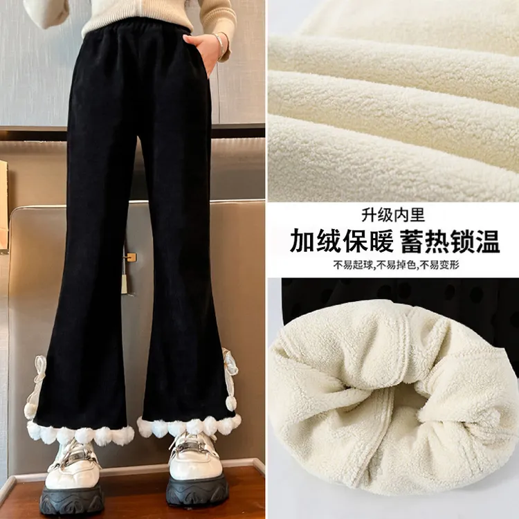 女童加绒加厚喇叭裤2025新款冬季儿童羊羔绒裤子大童一体绒休闲裤