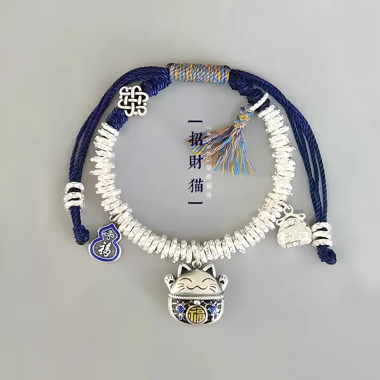 足银手链 足银珐琅手链999纯银招财猫盘缠手链民族风情人节送女友