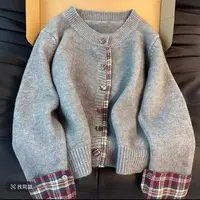 拼接格子假两件毛衣开衫女2025秋冬新款圆领韩系百搭针织上衣女潮