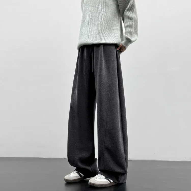 B-K-F 450克重磅加绒加厚休闲裤男女仿羊毛运动美式弯刀阔腿卫裤