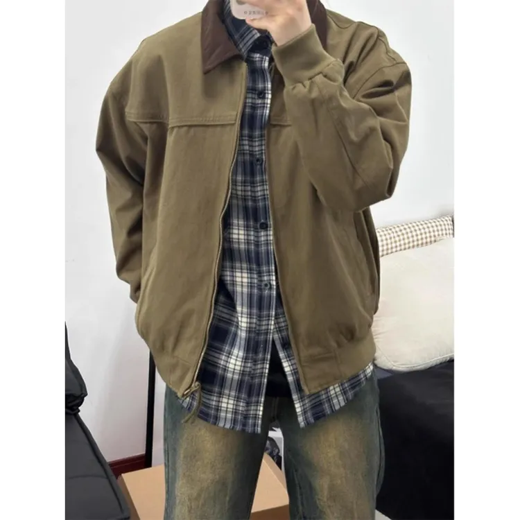 色底特律翻领夹克男子的春季和秋季覆古短夹克美国工作服棒球制服