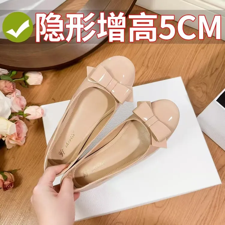 小个子增高5cm蝴蝶结圆头平底鞋2025年春夏季休闲百搭浅口单鞋