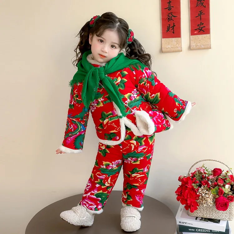 东北大花棉袄儿童套装女宝宝冬季女童棉服过年棉衣冬装网红民族风