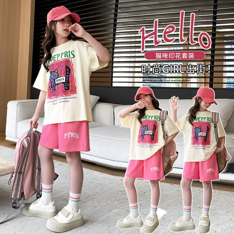 女童草绿色短袖套装2025女孩中大童休闲可爱印花韩版时髦两件套