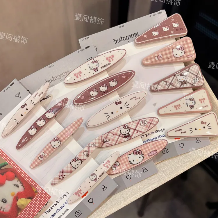 秋冬新款咖色系猫咪格子椭圆发夹卡通甜美少女风刘海发卡发饰