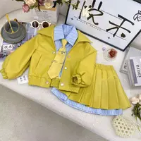 T3【悦禾】女孩新款秋款黄色皮衣套装甜美新款女宝韩版洋气套装7575