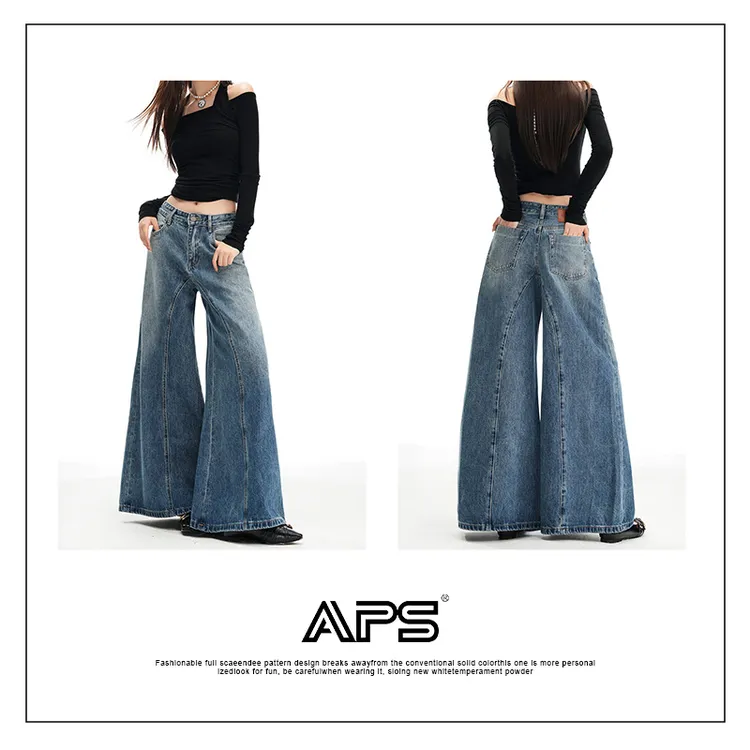 APS秋冬新款美式立体解构分割设计高腰宽松阔腿牛仔裤女