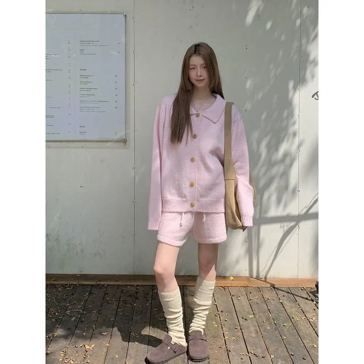 木木淘屋针织开衫短裤套装女2025秋季新款粉色上衣长袖毛衣外套