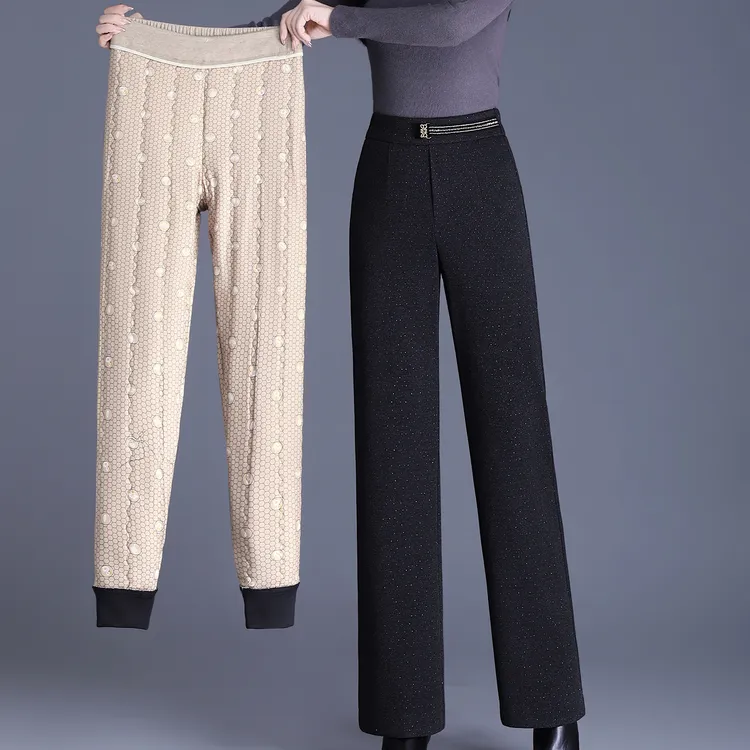 加厚保暖蚕 丝裤棉裤女外穿高腰细闪毛呢休闲直筒裤长裤冬阔腿裤