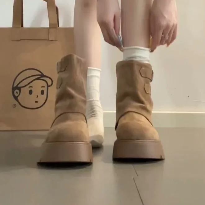 复古纯色皮带扣不过膝马丁靴女2025秋冬新款百搭小个子厚底裤管靴