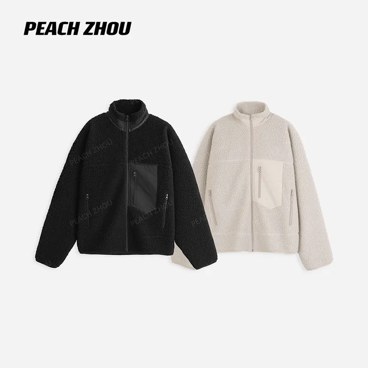 『PEACHZHOU』抓毛摇粒绒梭织口袋拼接宽松立领拉链外套休闲夹克