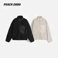 『PEACHZHOU』抓毛摇粒绒梭织口袋拼接宽松立领拉链外套休闲夹克