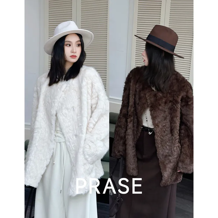 PRASE·噜【北国初雪】微胖气质加厚冬圆领中长款毛毛外套PR512E33